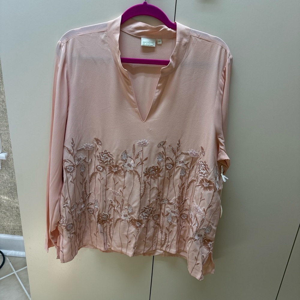 NWT Spartina 449 Blush Pink Floral-Embroidered V-Neck Long Sleeve Top NWT XL - Picture 4 of 8